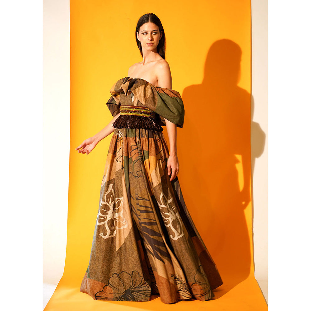 Nikita Mhaisalkar Tropical Print Off Shoulder Dress