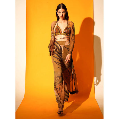 Nikita Mhaisalkar Tropical Brown Jacket Pants Co-ord with Hand Embroidered Border (Set of 2)