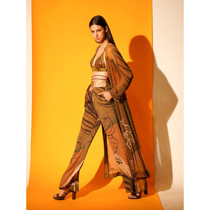 Nikita Mhaisalkar Tropical Brown Jacket Pants Co-ord with Hand Embroidered Border (Set of 2)