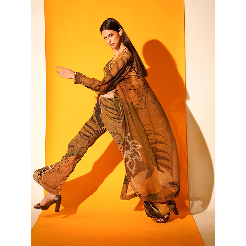 Nikita Mhaisalkar Tropical Brown Jacket Pants Co-ord with Hand Embroidered Border (Set of 2)