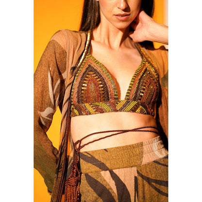 Nikita Mhaisalkar Tropical Brown Jacket Pants Co-ord with Hand Embroidered Border (Set of 2)