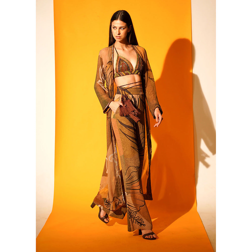 Nikita Mhaisalkar Tropical Brown Jacket Pants Co-ord with Hand Embroidered Border (Set of 2)