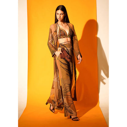 Nikita Mhaisalkar Tropical Brown Jacket Pants Co-ord with Hand Embroidered Border (Set of 2)