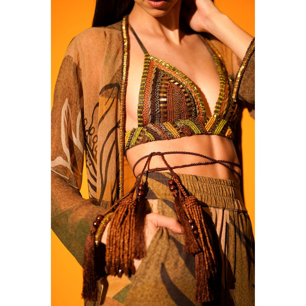 Nikita Mhaisalkar Tropical Brown Jacket Pants Co-ord with Hand Embroidered Border (Set of 2)