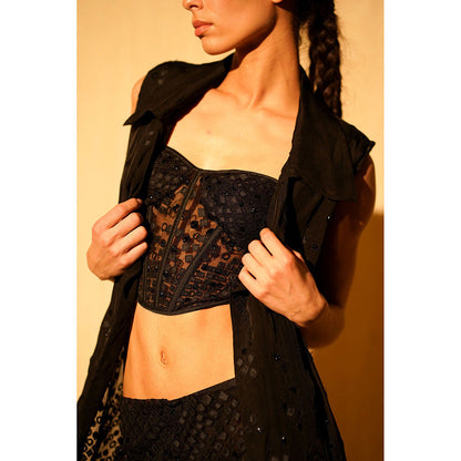 Nikita Mhaisalkar Black Applique Jacket with Hand Embroidery