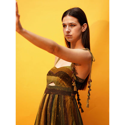 Nikita Mhaisalkar Green Stripe Print Cut-out High Low Dress