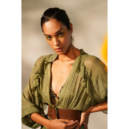 Nikita Mhaisalkar Green Lurex Short Dress with Inner (Set of 3)