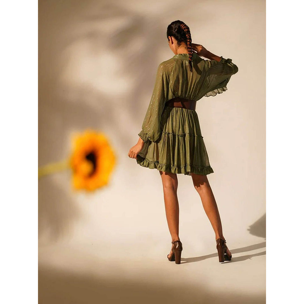 Nikita Mhaisalkar Green Lurex Short Dress with Inner (Set of 3)