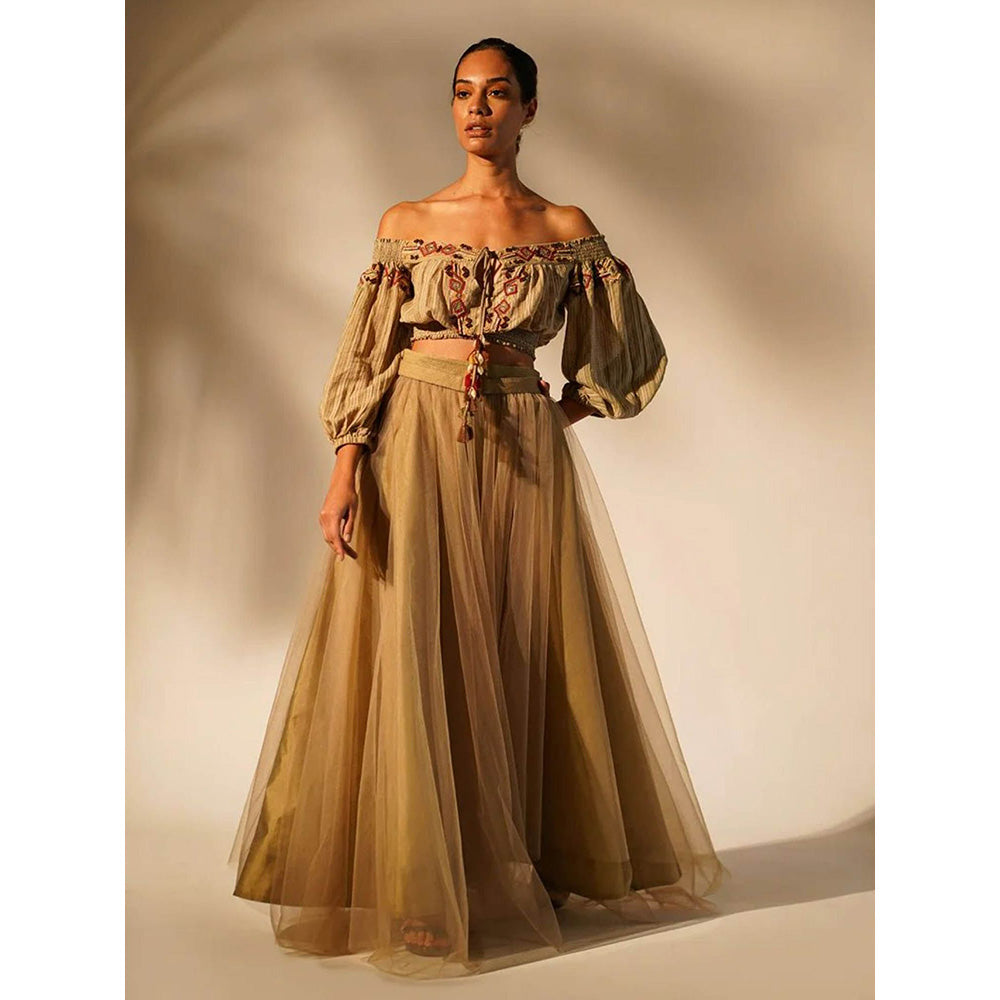 Nikita Mhaisalkar Off Shoulder Tan with Hand Thread and Wooden Embellishment