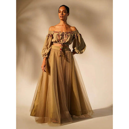 Nikita Mhaisalkar Off Shoulder Tan with Hand Thread and Wooden Embellishment