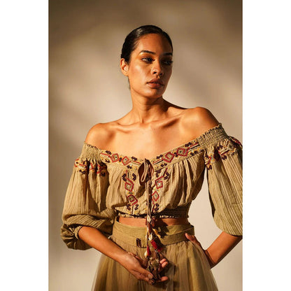 Nikita Mhaisalkar Off Shoulder Tan with Hand Thread and Wooden Embellishment