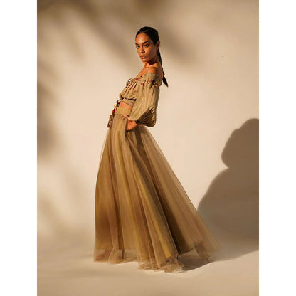Nikita Mhaisalkar Off Shoulder Tan with Hand Thread and Wooden Embellishment