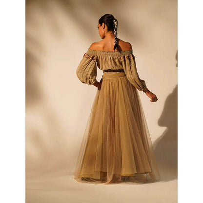 Nikita Mhaisalkar Off Shoulder Tan with Hand Thread and Wooden Embellishment