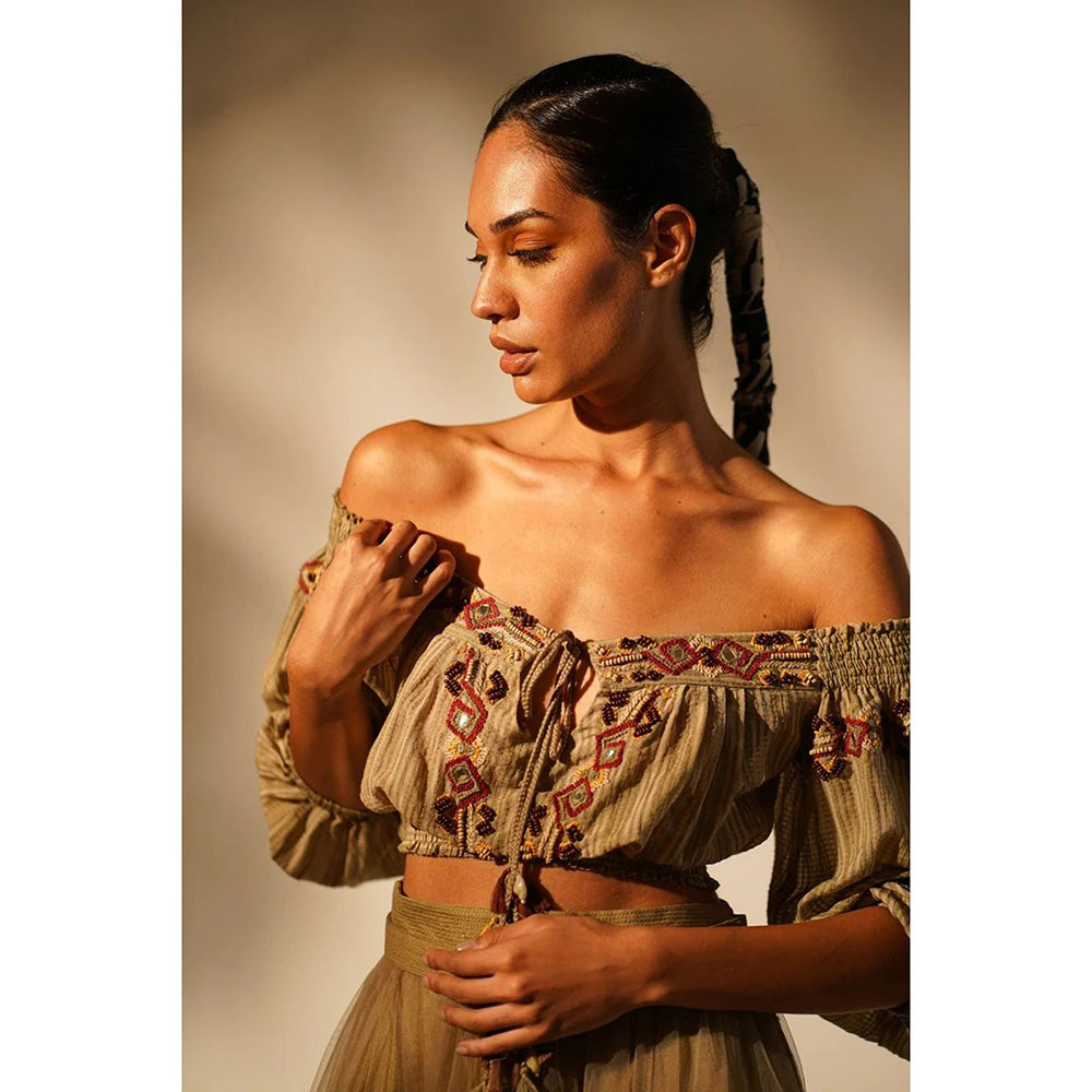 Nikita Mhaisalkar Off Shoulder Tan with Hand Thread and Wooden Embellishment