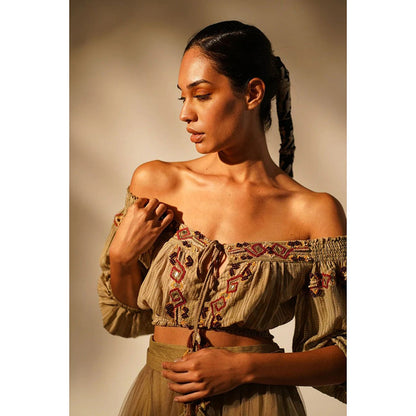 Nikita Mhaisalkar Off Shoulder Tan with Hand Thread and Wooden Embellishment