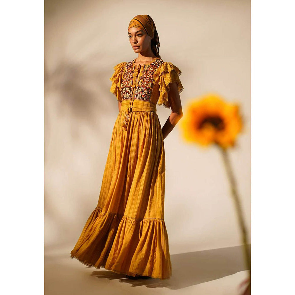 Nikita Mhaisalkar Maxi with Hand Thread and Wooden Embellishment and Belt (Set of 2)