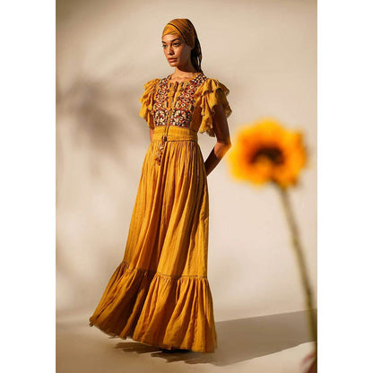 Nikita Mhaisalkar Maxi with Hand Thread and Wooden Embellishment and Belt (Set of 2)