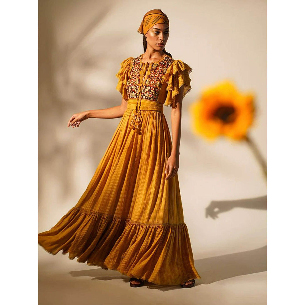 Nikita Mhaisalkar Maxi with Hand Thread and Wooden Embellishment and Belt (Set of 2)