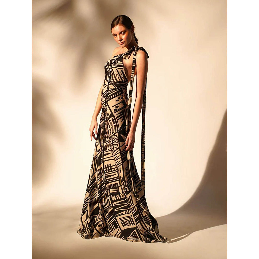 Nikita Mhaisalkar Black Abstract Print One Shoulder Dress