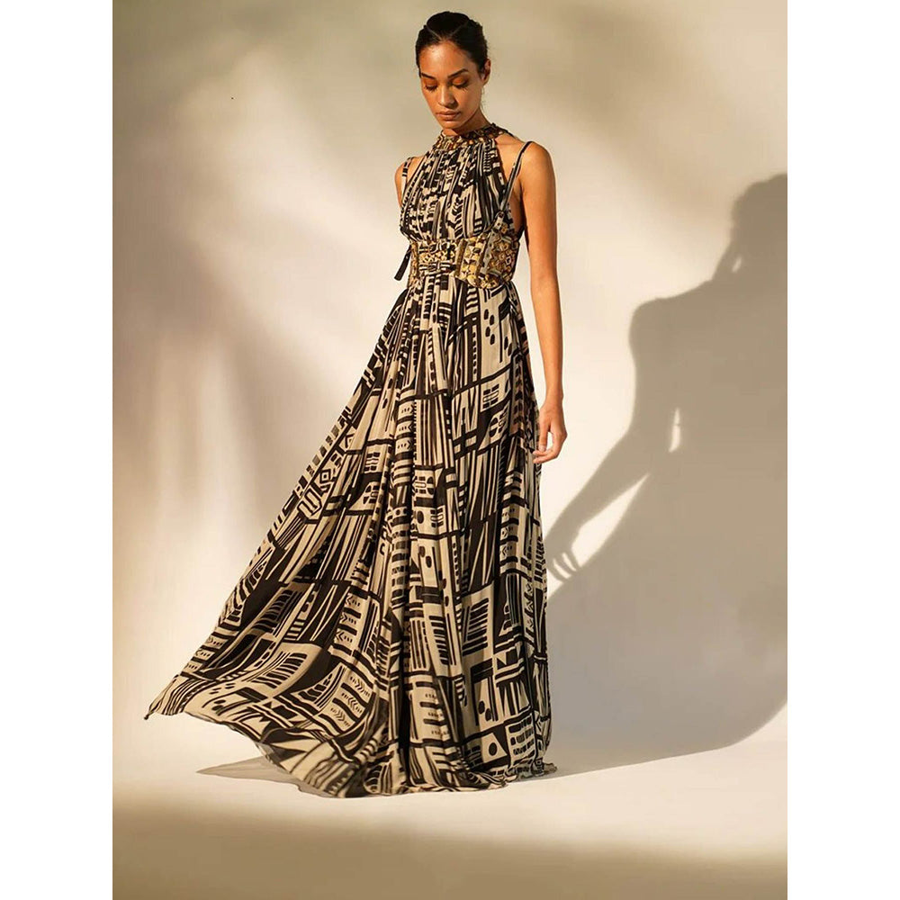 Nikita Mhaisalkar Black Abstract Print Halter Neck Maxi
