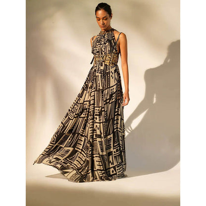 Nikita Mhaisalkar Black Abstract Print Halter Neck Maxi