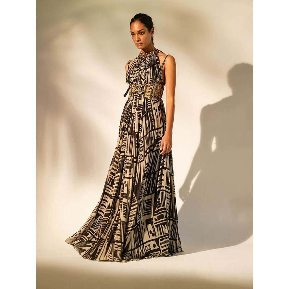 Nikita Mhaisalkar Black Abstract Print Halter Neck Maxi