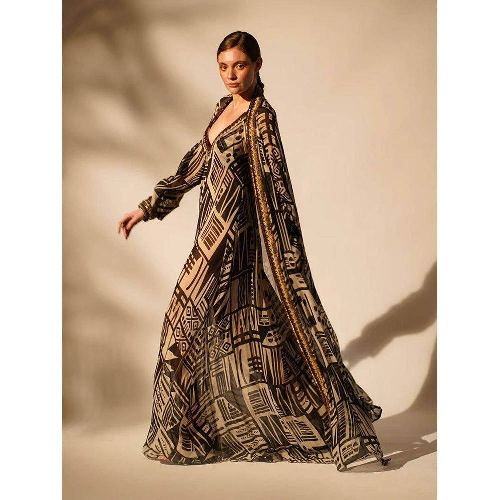 Nikita Mhaisalkar Black Base Maxi and Jacket with Hand Thread and Wooden (Set of 2)