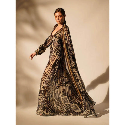 Nikita Mhaisalkar Black Base Maxi and Jacket with Hand Thread and Wooden (Set of 2)