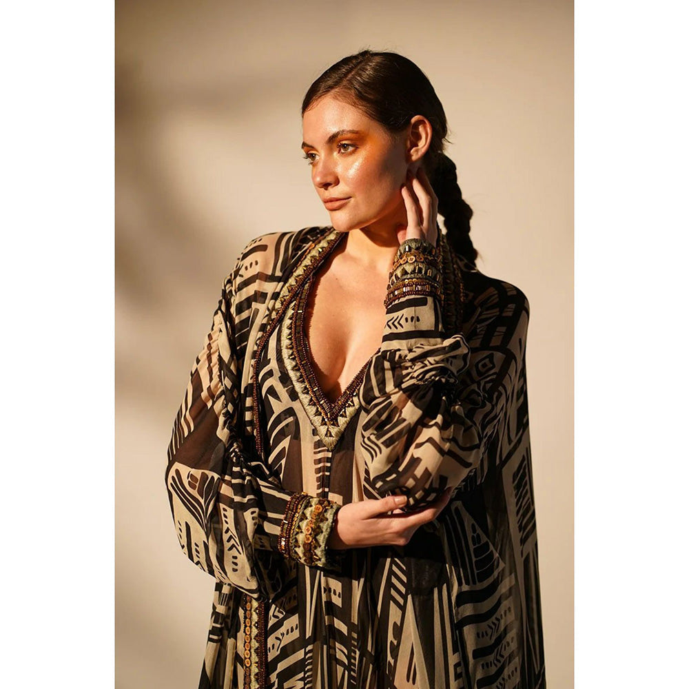 Nikita Mhaisalkar Black Base Maxi and Jacket with Hand Thread and Wooden (Set of 2)