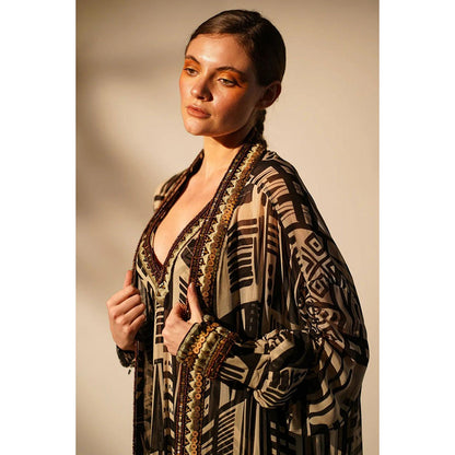 Nikita Mhaisalkar Black Base Maxi and Jacket with Hand Thread and Wooden (Set of 2)