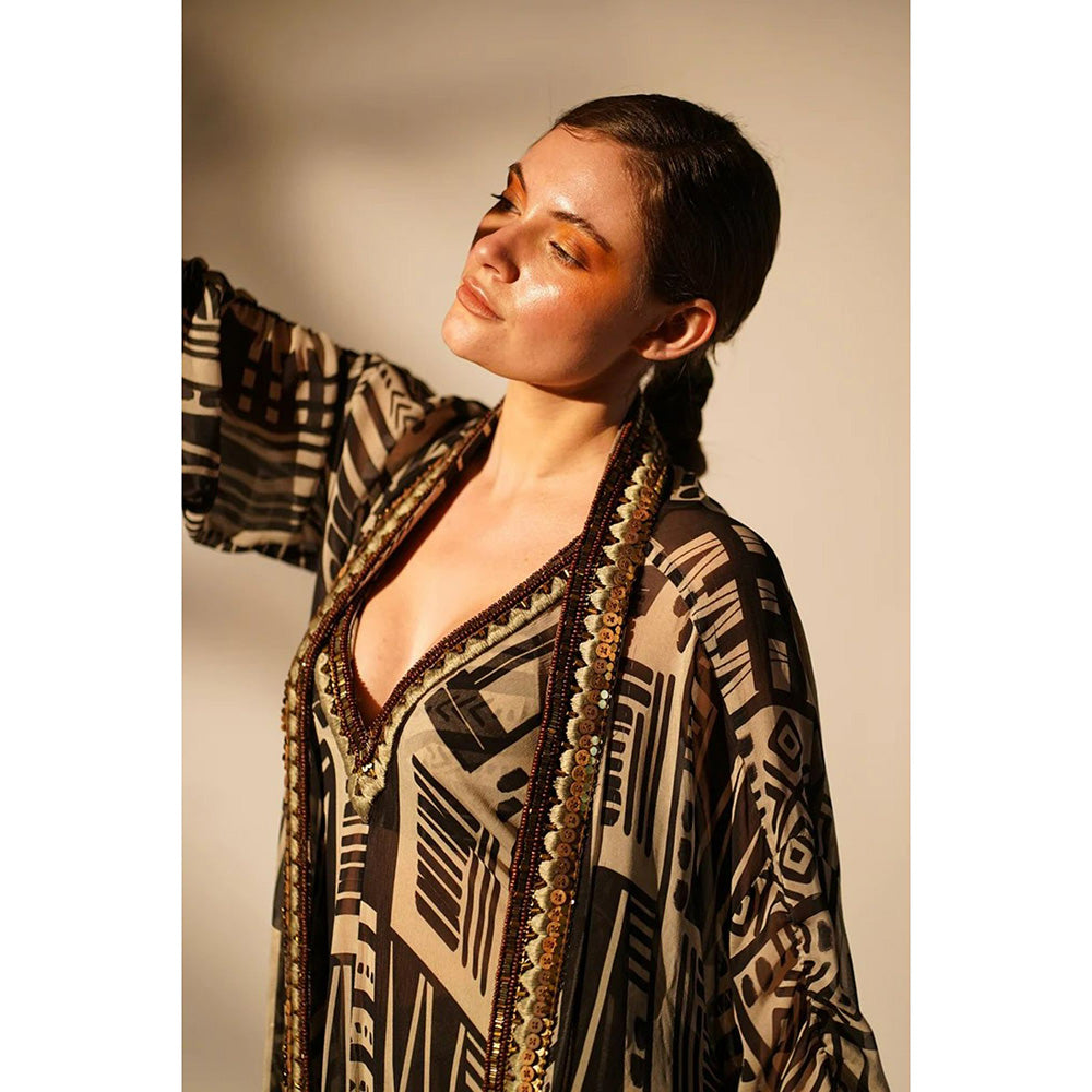 Nikita Mhaisalkar Black Base Maxi and Jacket with Hand Thread and Wooden (Set of 2)