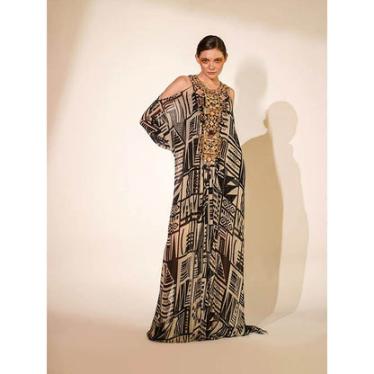 Nikita Mhaisalkar White Base Abstract Print Kaftan with Hand Thread and Wooden
