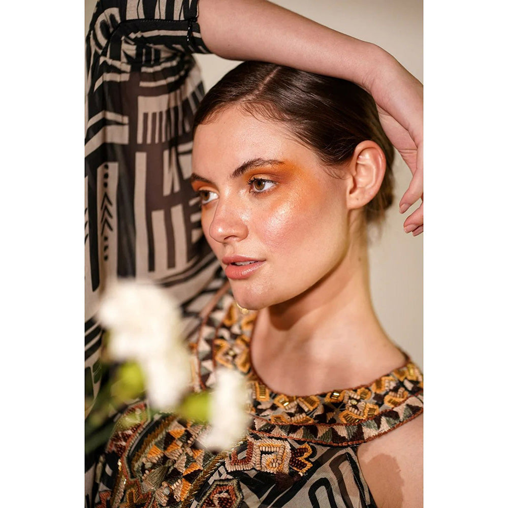 Nikita Mhaisalkar White Base Abstract Print Kaftan with Hand Thread and Wooden