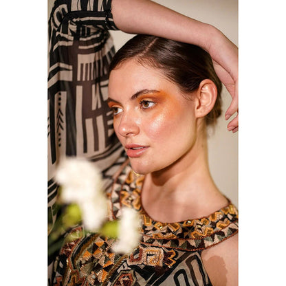 Nikita Mhaisalkar White Base Abstract Print Kaftan with Hand Thread and Wooden