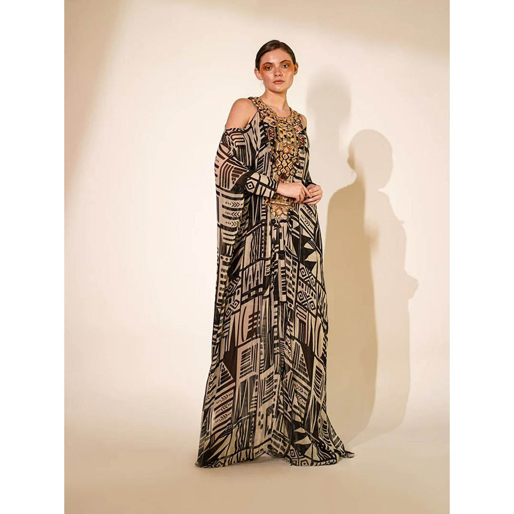 Nikita Mhaisalkar White Base Abstract Print Kaftan with Hand Thread and Wooden