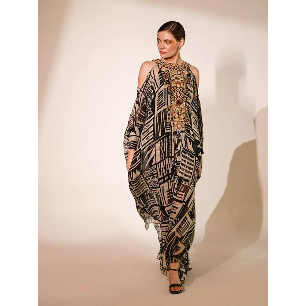 Nikita Mhaisalkar White Base Abstract Print Kaftan with Hand Thread and Wooden