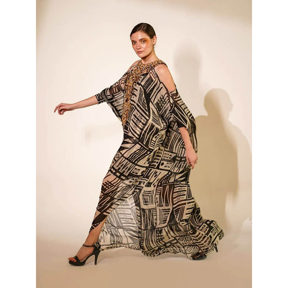 Nikita Mhaisalkar White Base Abstract Print Kaftan with Hand Thread and Wooden