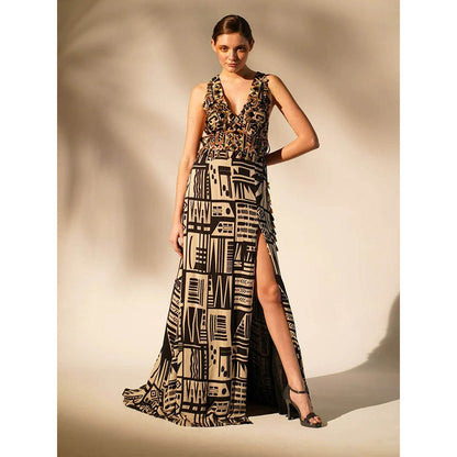 Nikita Mhaisalkar Black Abstract Print with Hand Thread and Wooden Embellishment