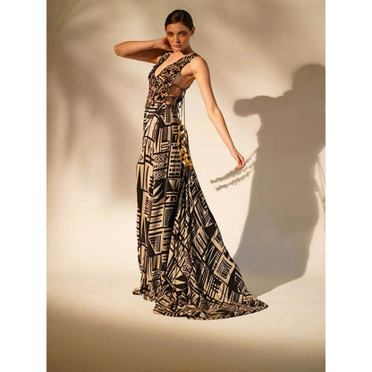 Nikita Mhaisalkar Black Abstract Print with Hand Thread and Wooden Embellishment