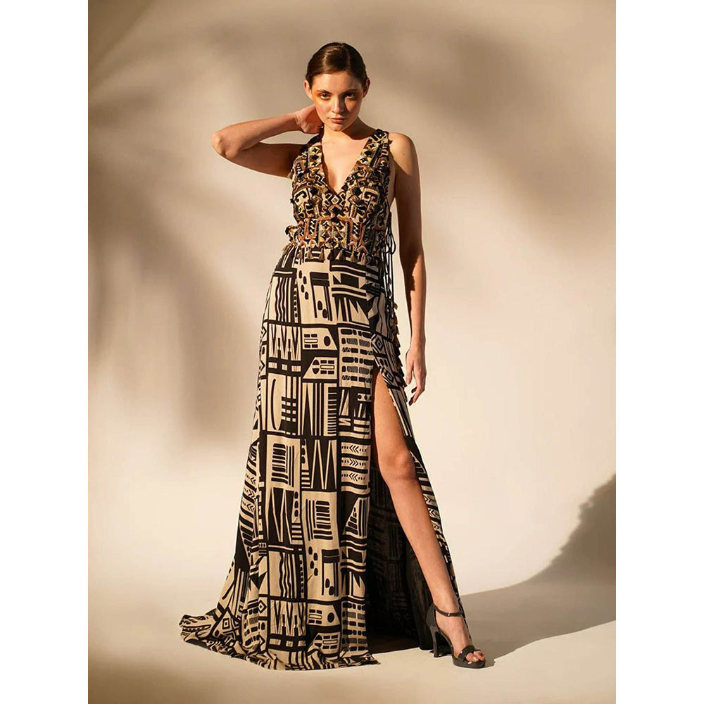 Nikita Mhaisalkar Black Abstract Print with Hand Thread and Wooden Embellishment