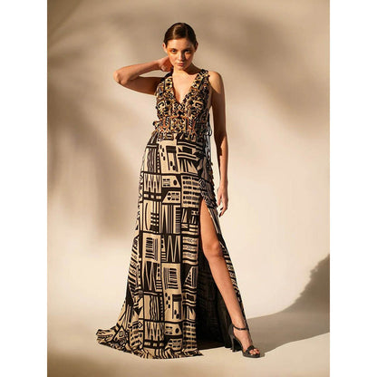Nikita Mhaisalkar Black Abstract Print with Hand Thread and Wooden Embellishment