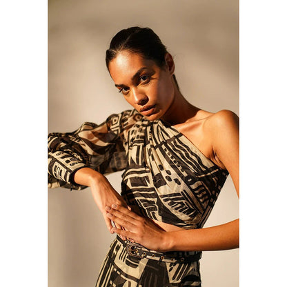Nikita Mhaisalkar Black Abstract Print One Shoulder Top