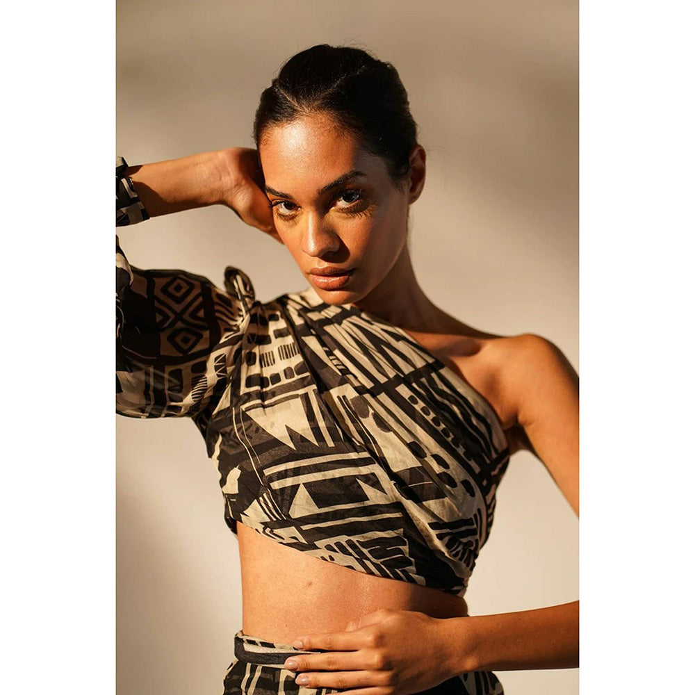 Nikita Mhaisalkar Black Abstract Print One Shoulder Top