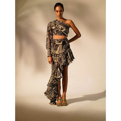 Nikita Mhaisalkar Black Base Abstract Print Ruffle Skirt with Belt (Set of 2)