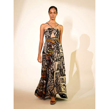 Nikita Mhaisalkar Black Abstract Print Long Dress (Set of 2)
