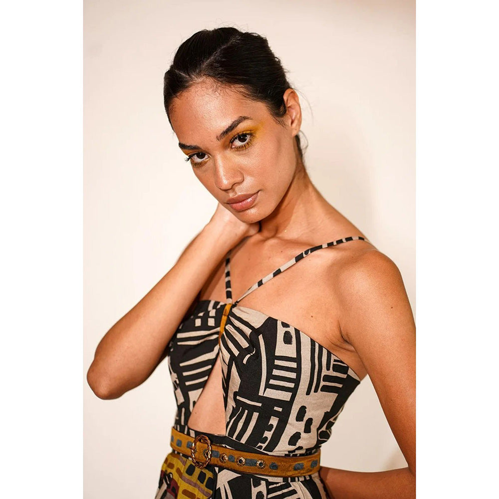 Nikita Mhaisalkar Black Abstract Print Long Dress (Set of 2)