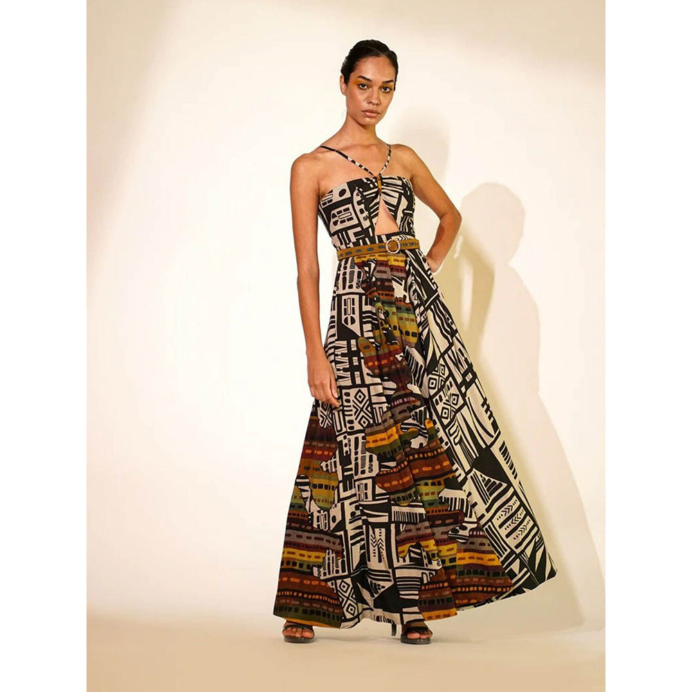 Nikita Mhaisalkar Black Abstract Print Long Dress (Set of 2)