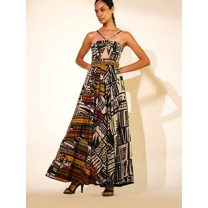 Nikita Mhaisalkar Black Abstract Print Long Dress (Set of 2)
