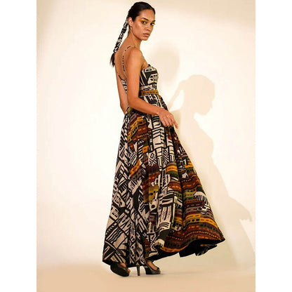 Nikita Mhaisalkar Black Abstract Print Long Dress (Set of 2)