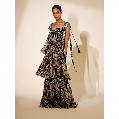 Nikita Mhaisalkar Black Base Abstract Print Tiered Maxi Dress